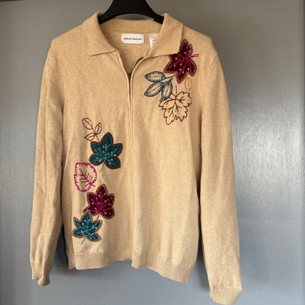 Women's Front Zip Tan Autumn Leaves Sweater Beads Embroidery Cotton Blend sz L